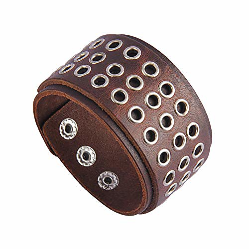 

nsitbbuery hip hop alloy buckle wristband hollow circle wide leather cuff bracelet(brown)