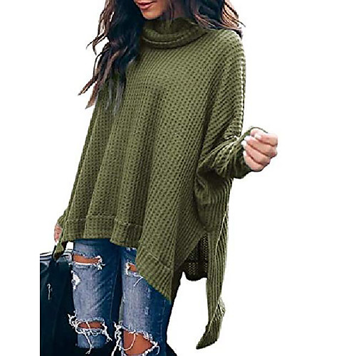

oversized pullover sweater women turtlenck batwing sleeve high low hem side slit sweaters waffle knit casual loose tunic tops army green