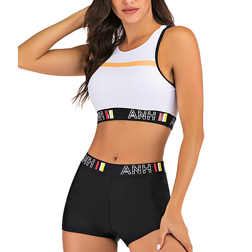 

Women's Bikini 2 Piece Swimsuit Open Back Slim Color Block Geometric White Swimwear Padded Crop Top Strap Bathing Suits New Fashion Sexy