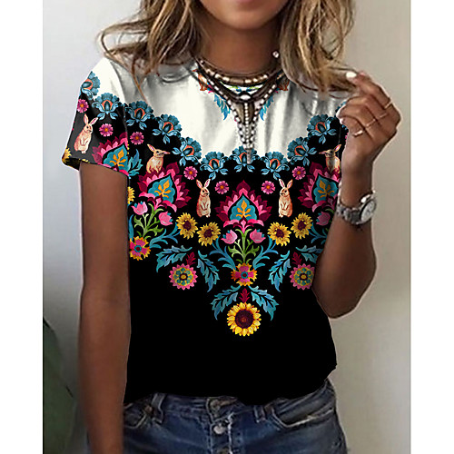 

Women's T shirt Graphic Floral Print Round Neck Tops Basic Basic Top Black