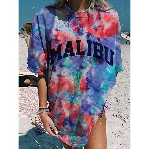 

Women's T Shirt Dress Tee Dress Short Mini Dress Rainbow Half Sleeve Tie Dye Letter Print Summer Round Neck Sexy 2021 S M L XL XXL 3XL