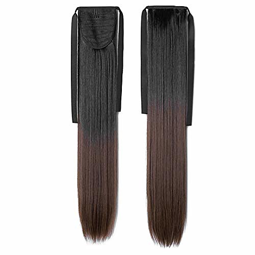 

22 inches synthetic ponytail straight long two tone ribbon pony tail hair piece clip in hair extensions blackt8 22inches