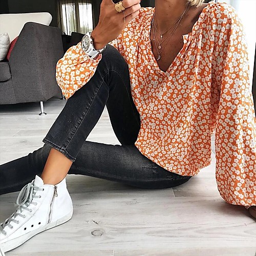 

Women's T shirt Floral Long Sleeve Print V Neck Tops Boho Basic Top Blue Yellow Orange