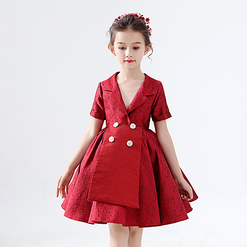 

Princess Short / Mini Event / Party / Birthday Flower Girl Dresses - Satin Short Sleeve V Neck with Buttons / Pleats / Solid