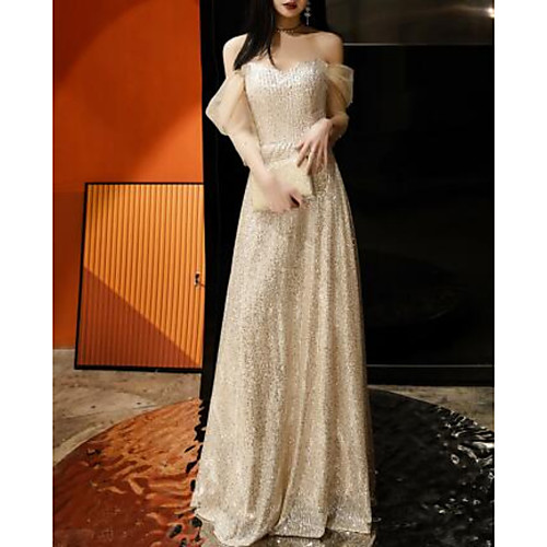 

A-Line Sparkle Sexy Wedding Guest Prom Dress Sweetheart Neckline Short Sleeve Floor Length Sequined with Pleats Sequin 2021