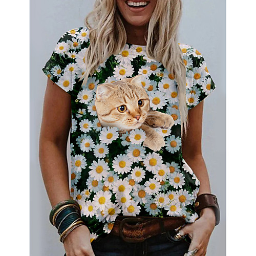 

Women's T shirt Cat Graphic Floral Print Round Neck Tops Basic Basic Top White