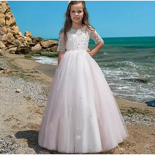 

Princess / A-Line Floor Length Wedding / Party Flower Girl Dresses - Lace / Tulle Half Sleeve Jewel Neck with Pearls