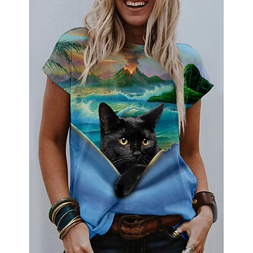

Women's T shirt Cat Scenery 3D Print Round Neck Tops Basic Basic Top Blue