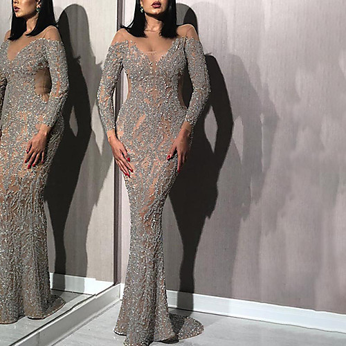 

Women's Sheath Dress Maxi long Dress Silver Long Sleeve Solid Color Sequins Fall Round Neck Hot Sexy 2021 S M L XL XXL