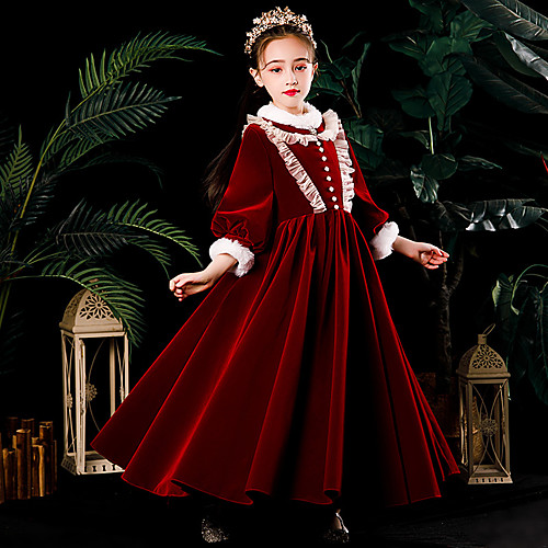 

Princess / A-Line Ankle Length Wedding / Party Flower Girl Dresses - Velvet 3/4 Length Sleeve Jewel Neck with Pleats / Ruffles / Solid