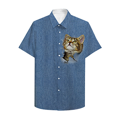 

Men's Shirt 3D Print Cat Graphic Prints Animal Print Short Sleeve Daily Tops Casual Designer Blue