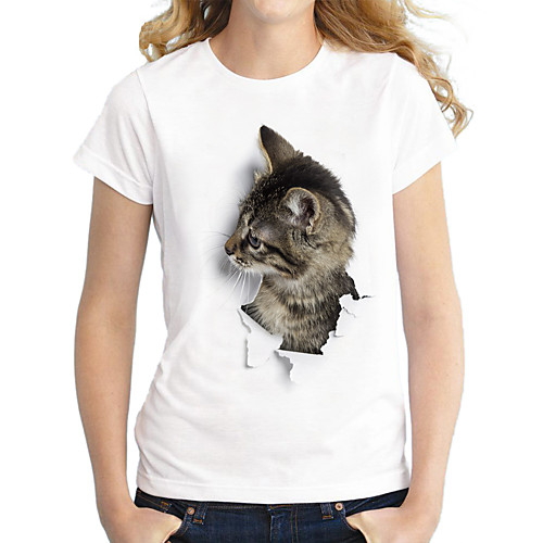 

Women's T shirt Cat Graphic 3D Print Round Neck Tops 100% Cotton Basic Basic Top White