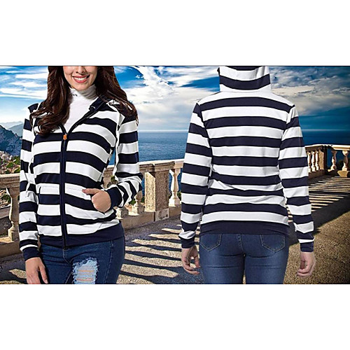 

Women's Striped Drawstring Autumn / Fall Jacket Regular Daily Long Sleeve Cotton Coat Tops Blue
