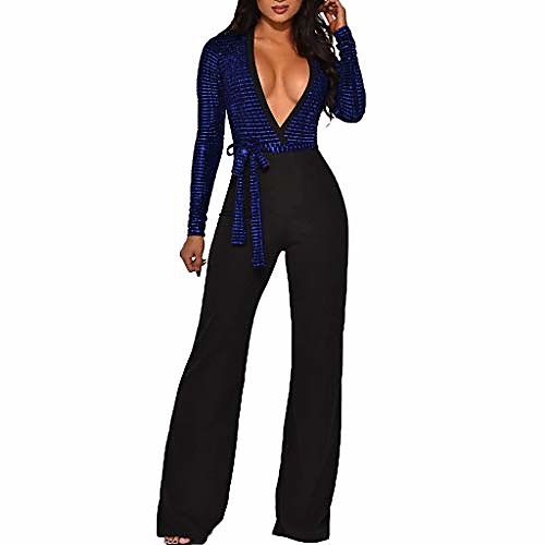 

oldlover jumpsuit for women sexy long sleeve club overalls deep v neck bodycon romper party jumpsuits wide leg pants blue