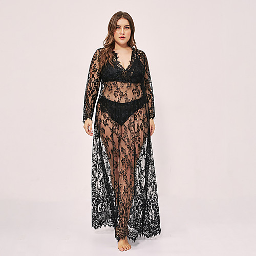 

Women's Backless Mesh Hole Robes Bodysuits Nightwear Solid Colored Embroidered Black XL XXL 3XL