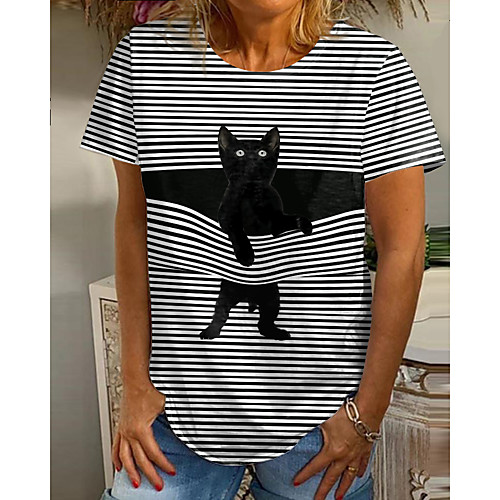 

Women's T shirt Striped Cat 3D Print Round Neck Tops Basic Basic Top Black Blue Green