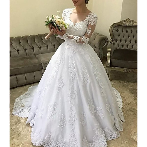 

Princess Ball Gown Wedding Dresses Jewel Neck Court Train Lace Tulle Long Sleeve Formal Romantic Luxurious with Appliques 2021