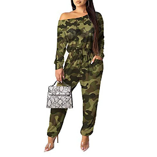 

women's casual camo jumpsuits off one shoulder long sleeve elastic waist long pants rompers with pockets