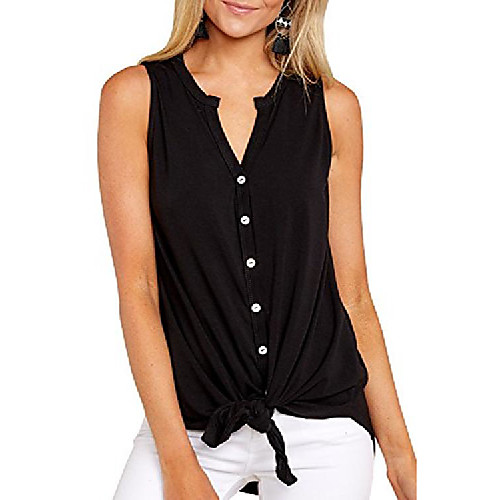 

women's sleeveless tie front henley shirts button up tank top black