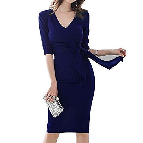 

women's elegant 3/4 sleeve v neck sheath backless dresses casual ruched party business formal work pencil dress with belt(dark blue-m)