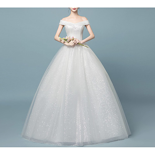 

Princess Ball Gown Wedding Dresses Off Shoulder Floor Length Tulle Short Sleeve Simple Sparkle & Shine with Pleats Sequin 2021