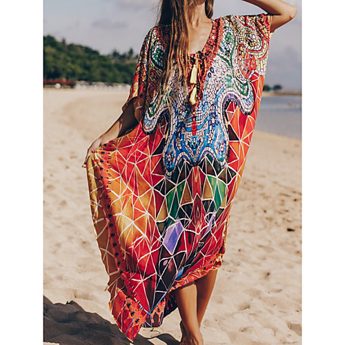 

Women's Swimsuit Cover Up Beach Top Swimsuit Slim Print Tribal Abstract Orange Swimwear T shirt Dress Tunic V Wire Bathing Suits New Fashion Sexy