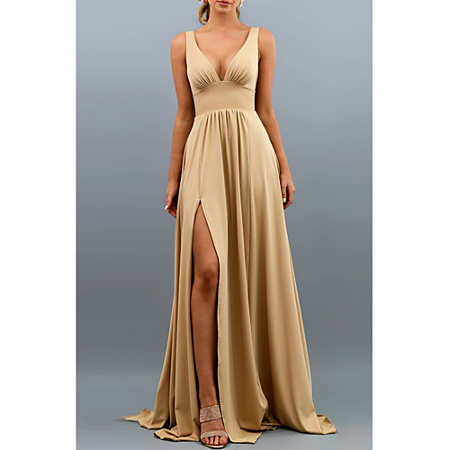 

A-Line V Neck Sweep / Brush Train Spandex Bridesmaid Dress with Split Front