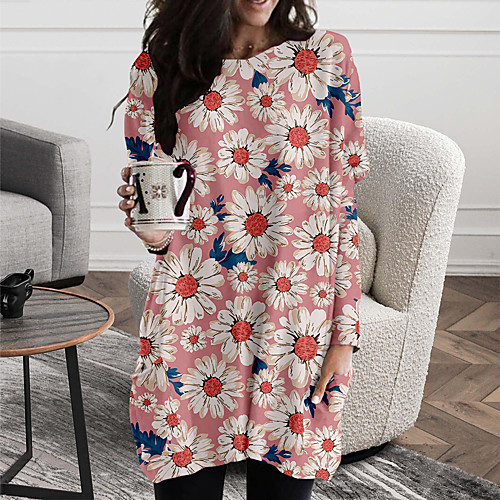 

Women's Shift Dress Short Mini Dress Blue Blushing Pink Long Sleeve Floral Color Block Print Fall Spring Round Neck Casual 2021 S M L XL XXL 3XL