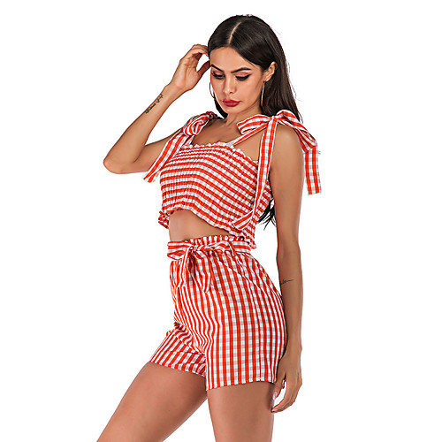 

Women's Basic Streetwear Striped Daily Two Piece Set Crop Shirred Cami Top Loungewear Shorts Drawstring Tops