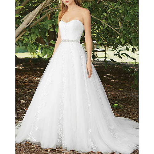 

A-Line Wedding Dresses Sweetheart Neckline Sweep / Brush Train Lace Tulle Sleeveless Country Romantic with Appliques Crystal Brooch 2021