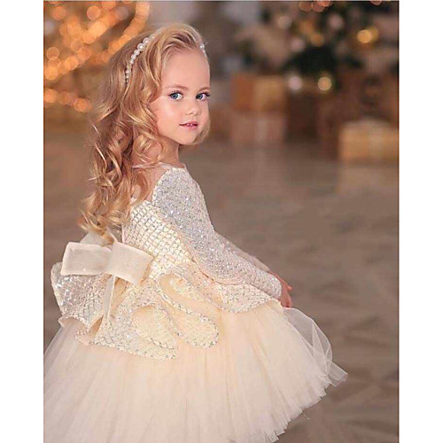 

Princess / Ball Gown Asymmetrical Wedding / Party Flower Girl Dresses - Tulle / Sequined Long Sleeve Jewel Neck with Bow(s) / Appliques / Paillette