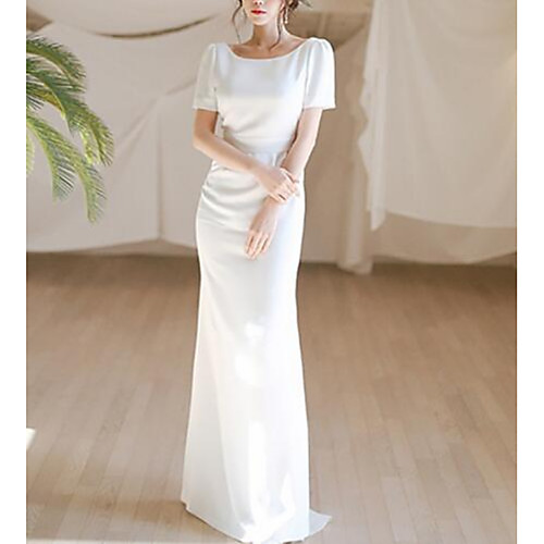 

Mermaid / Trumpet Minimalist Elegant Engagement Formal Evening Dress Jewel Neck Short Sleeve Floor Length Italy Satin with Sleek 2021