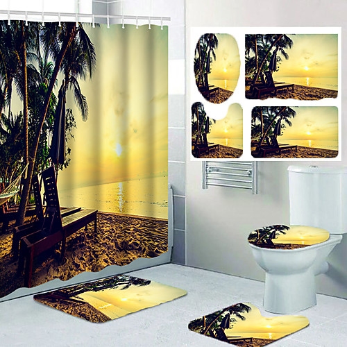 

Sunshine Seaside Coconut Tree Chair Leisure Bathroom Shower Curtain Leisure Toilet Four-piece Set Including Hooks and Cushions