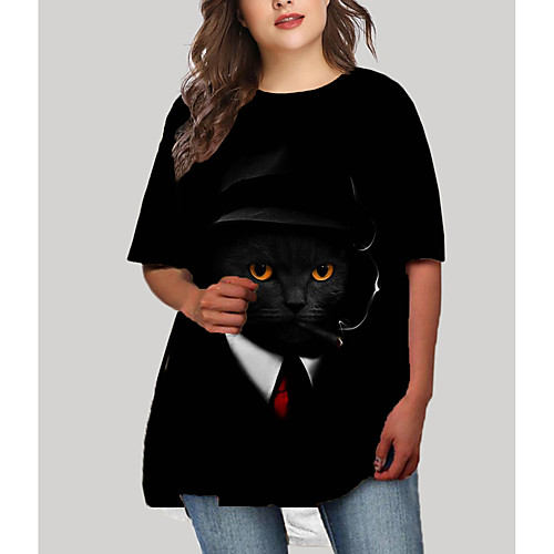 

Women's Plus Size Cat Graphic Animal Print Casual Half Sleeve Fall Short Mini Dress T Shirt Dress Tee Dress Black