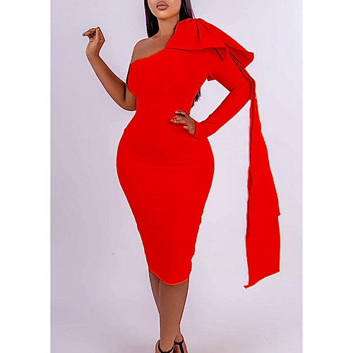 

Women's Plus Size Dresses Sheath Dress Knee Length Dress Long Sleeve Solid Color Backless One Shoulder Casual Spring & Fall Blue Red S M L XL XXL / Slim