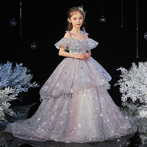 

Princess / Ball Gown Sweep / Brush Train Formal Evening / Pageant Flower Girl Dresses - Chiffon Short Sleeve Spaghetti Strap / Off Shoulder with Tier / Pattern / Print / Appliques