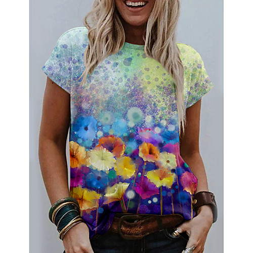 

Women's T shirt Graphic Floral Print Round Neck Tops Basic Basic Top Blue Purple Green