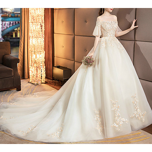 

Princess Ball Gown Wedding Dresses Off Shoulder Chapel Train Lace Tulle Short Sleeve Formal Romantic Luxurious Sparkle & Shine with Sequin Appliques 2021