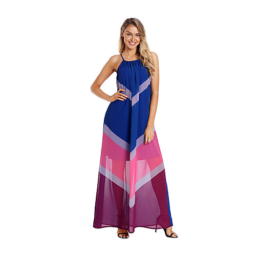 

Women's Strap Dress Maxi long Dress Blue Yellow Blushing Pink Sleeveless Color Block Geometric Spring Summer Elegant 2021 S M L XL XXL