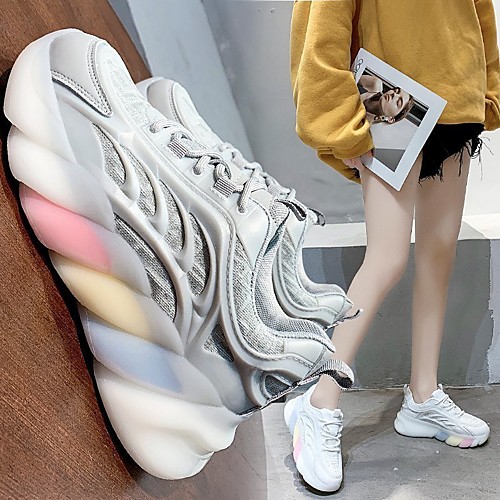 

Women's Trainers Athletic Shoes Wedge Heel Round Toe Sporty Daily Walking Shoes Tissage Volant Lace-up Camouflage White Gray