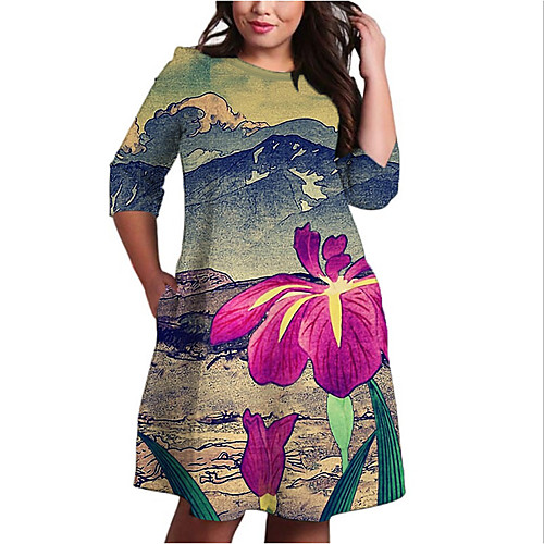 

Women's Plus Size Print Color Block Floral Print Casual 3/4 Length Sleeve Fall Knee Length Dress Shift Dress Blue