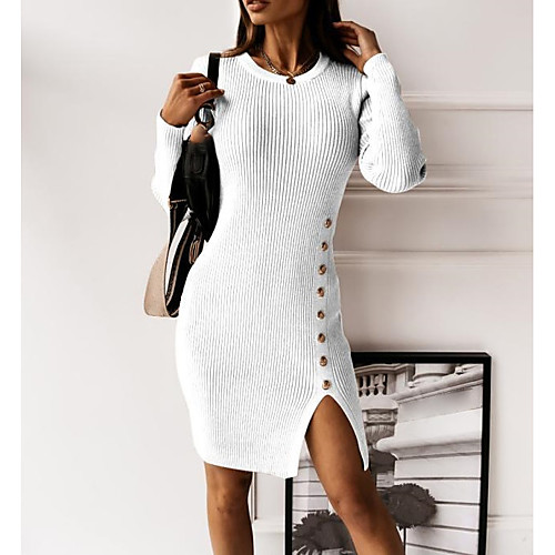 

Women's Sweater Jumper Dress Short Mini Dress White Black Khaki Long Sleeve Solid Color Split Patchwork Button Fall Round Neck Casual Cotton 2021 S M L XL XXL