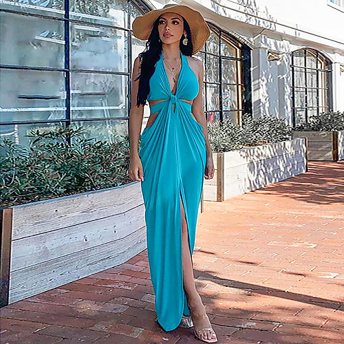 

Women's Sheath Dress Maxi long Dress Blue Yellow Orange Sleeveless Solid Color Backless Summer Halter Neck Sexy Party Slim 2021 S M L XL