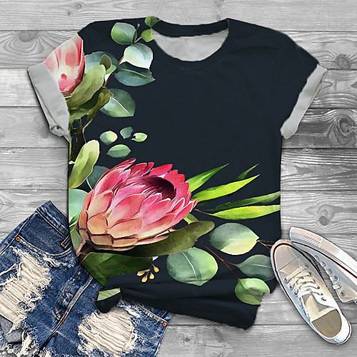 

Women's Plus Size Print Graphic Floral T shirt Large Size Round Neck Short Sleeve Tops XL XXL 3XL Navy Blue Big Size