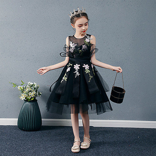 

Princess / Ball Gown Knee Length Holiday / Birthday Flower Girl Dresses - Tulle Sleeveless Jewel Neck with Bows / Embroidery / Appliques