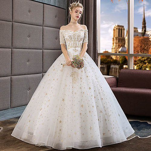

Princess Ball Gown Wedding Dresses Off Shoulder Floor Length Lace Tulle Short Sleeve Romantic Luxurious with Beading Appliques 2021