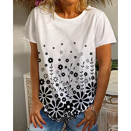 

Women's T shirt Graphic Floral Print Round Neck Tops Basic Basic Top White