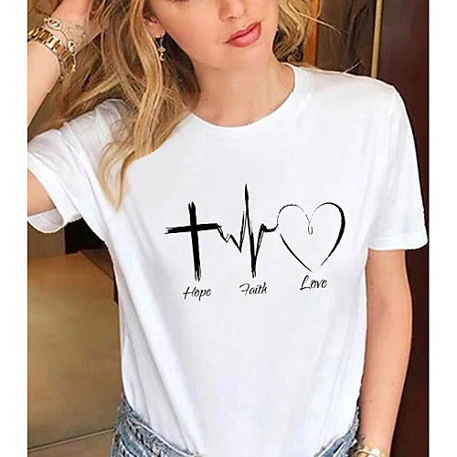 

Women's T shirt Graphic Heart Text Print Round Neck Tops 100% Cotton Basic Basic Top White Black