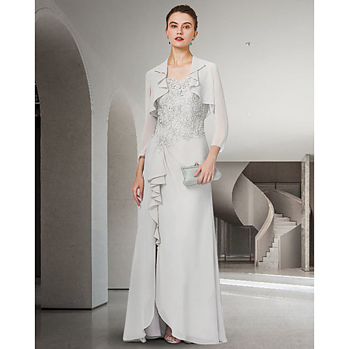 

Two Piece Sheath / Column Mother of the Bride Dress Elegant Jewel Neck Floor Length Chiffon Lace 3/4 Length Sleeve with Ruffles Appliques 2021