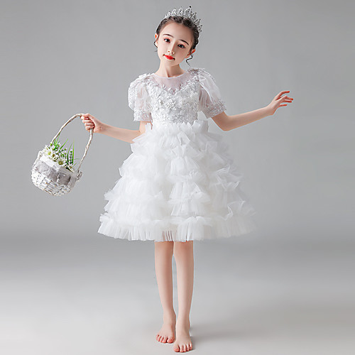 

Princess / Ball Gown Knee Length Wedding / First Communion Flower Girl Dresses - Tulle Short Sleeve Jewel Neck with Appliques / Solid / Tiered